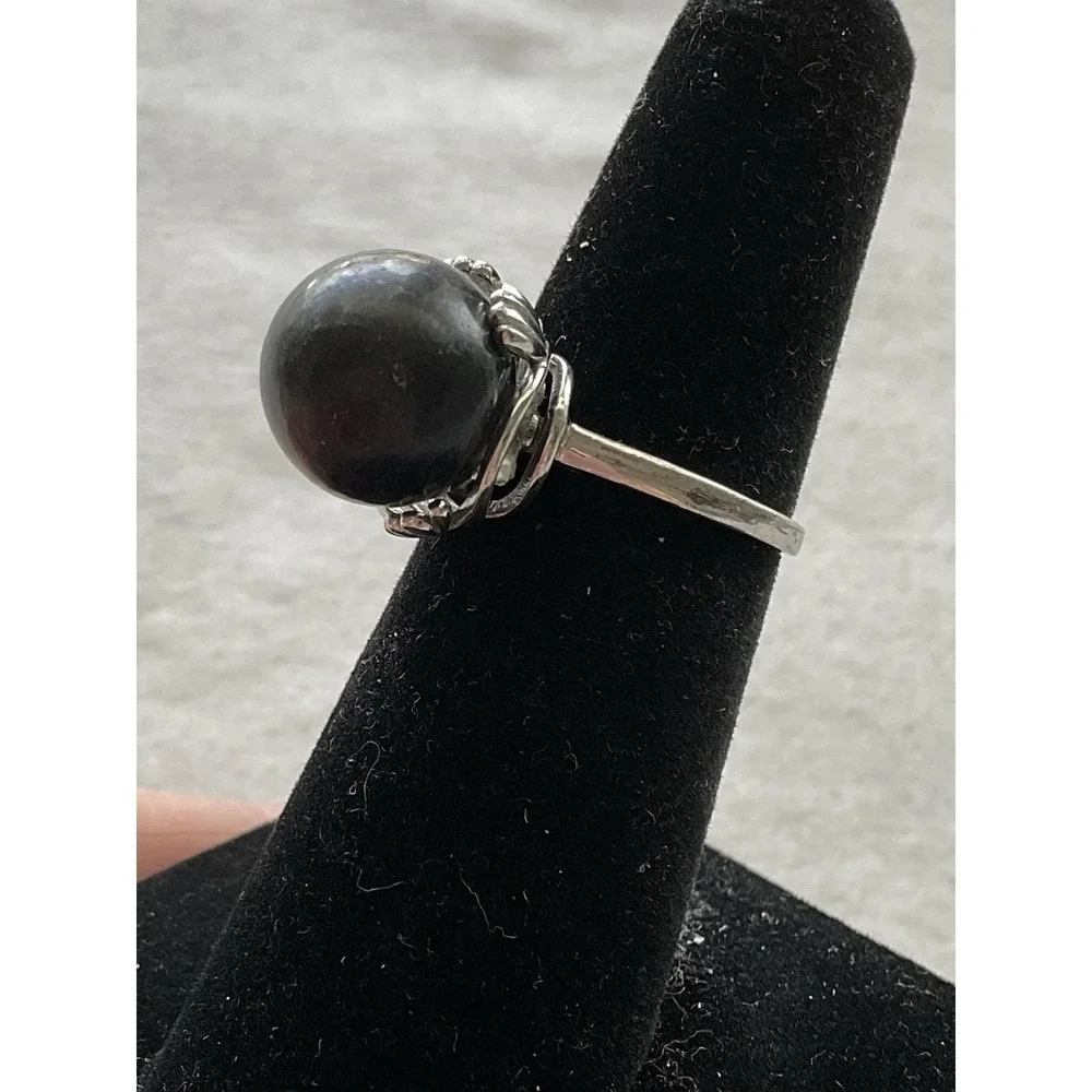 Vintage 925 Sterling Silver Black Pearl Ring Size 5.25 Estate Jewelry